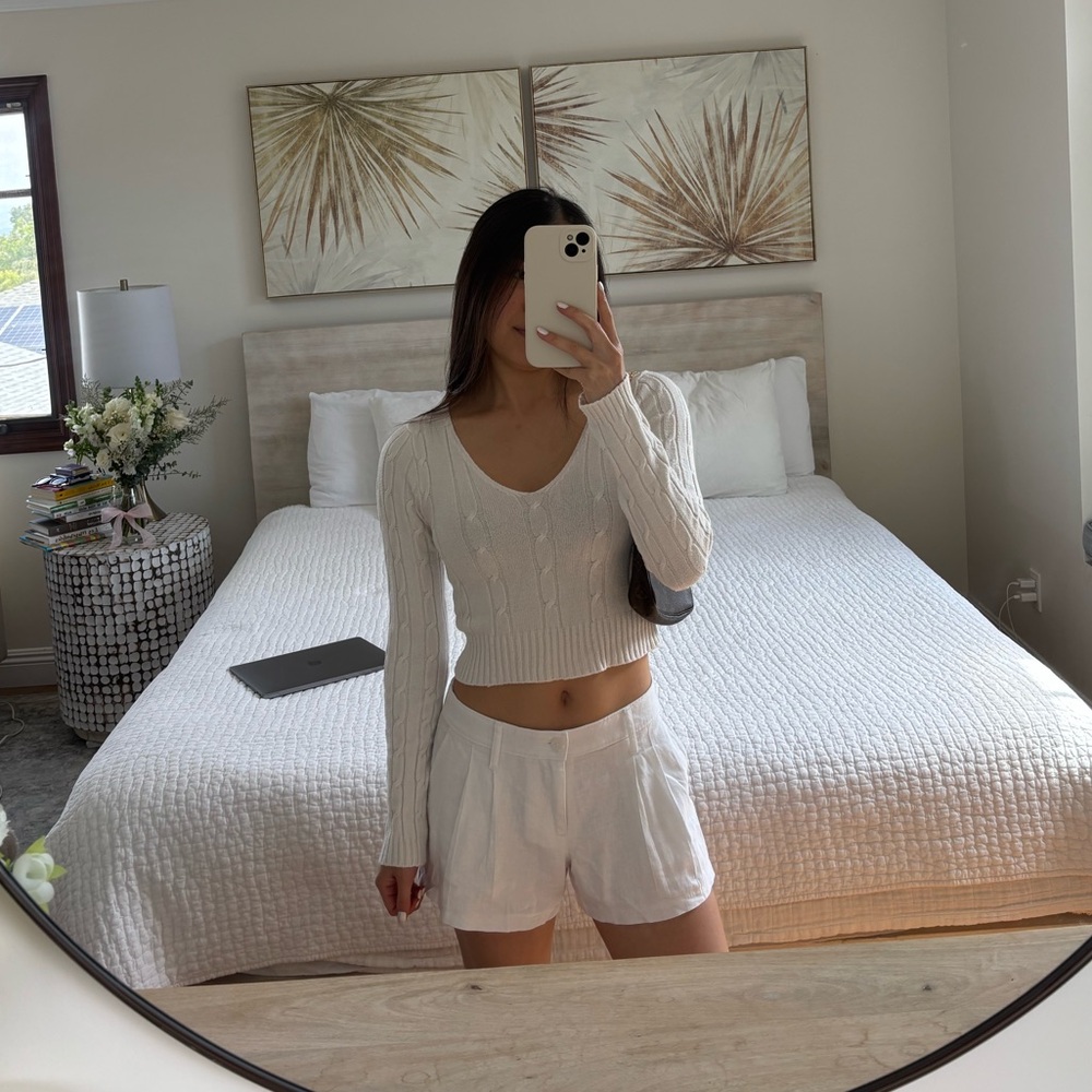 White Cropped Cableknit Long Sleeve
